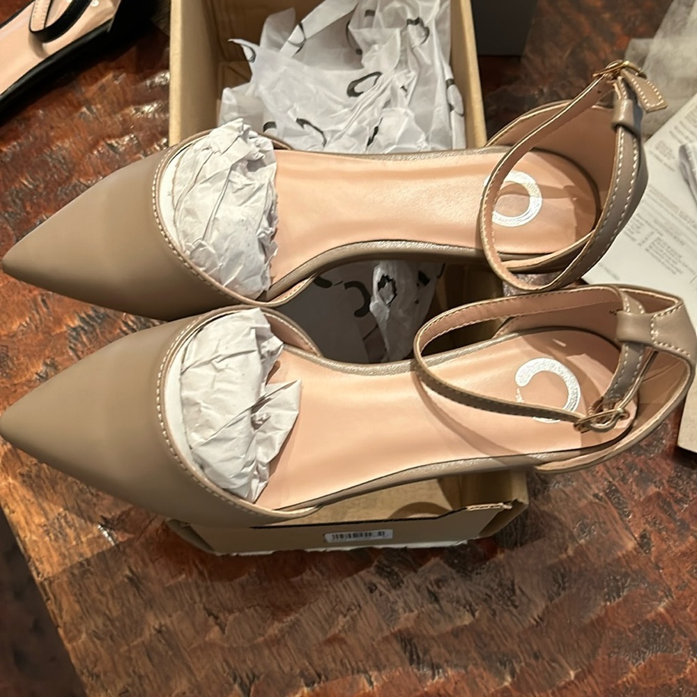 Taupe flats with ankle strap. Size 6